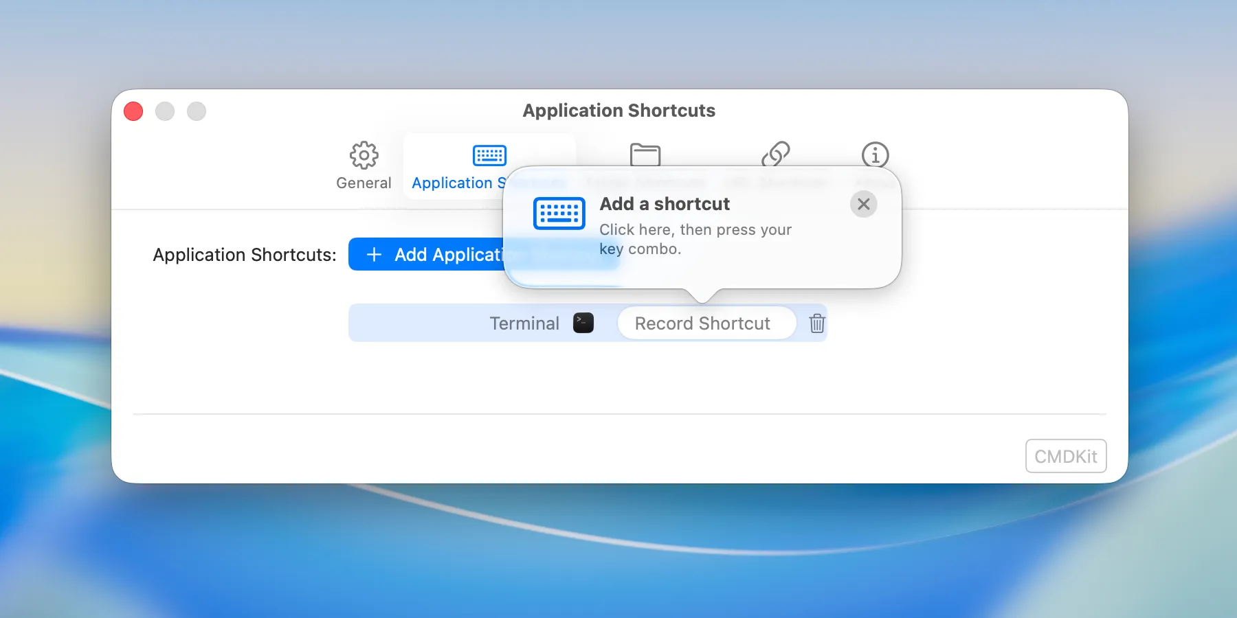 CMDKit shortcut recorder on macOS