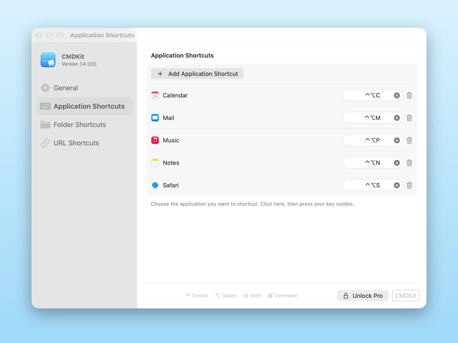 CMDKit from the Mac App Store, showing application shortcuts