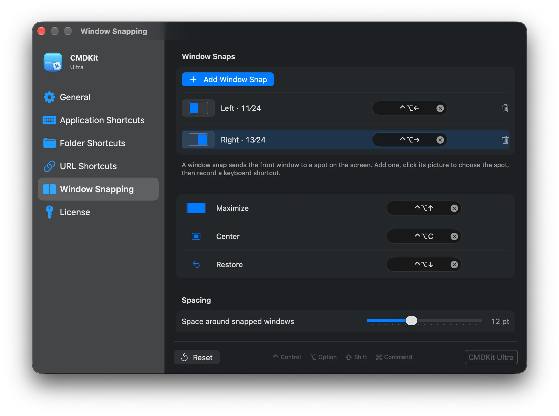 CMDKit Ultra's Window Snapping settings with left and right snaps, maximize, center and restore, each with a keyboard shortcut
